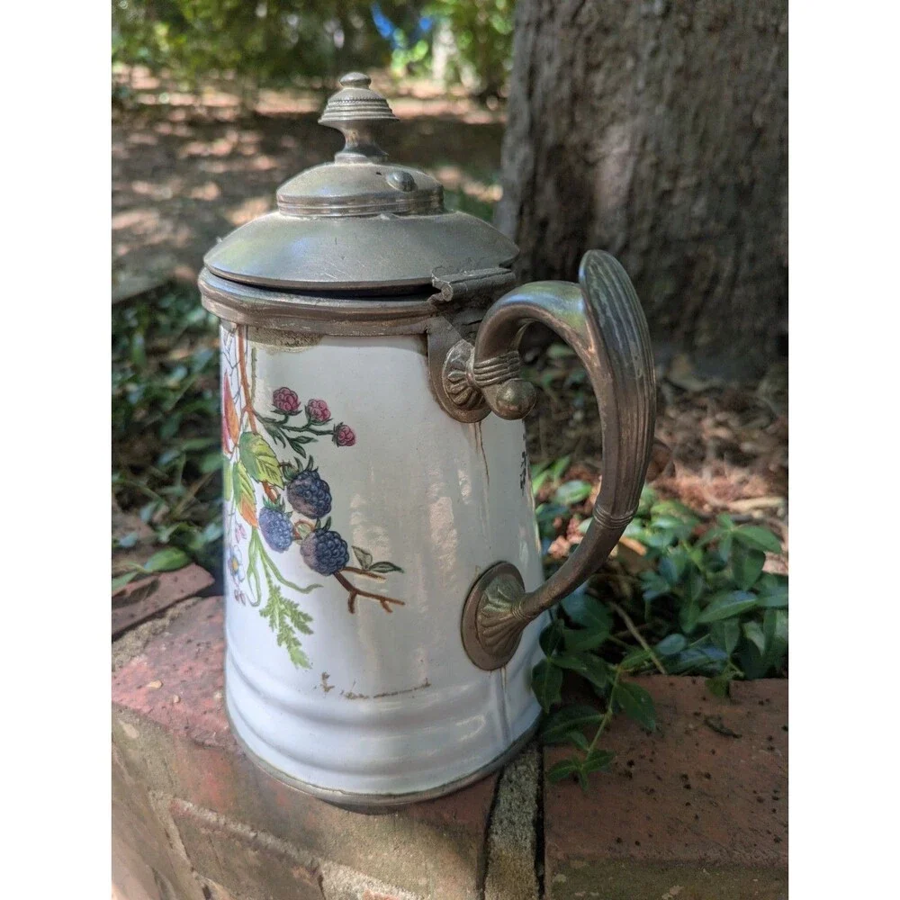 Antique Manning Bowman Blackberry Enamel Pewter Graniteware Coffee Pot 19th C